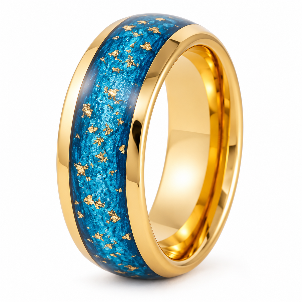 Gold Polished with Blue Turquoise Inlay Tungsten 8mm Wedding Band — angled studio product view