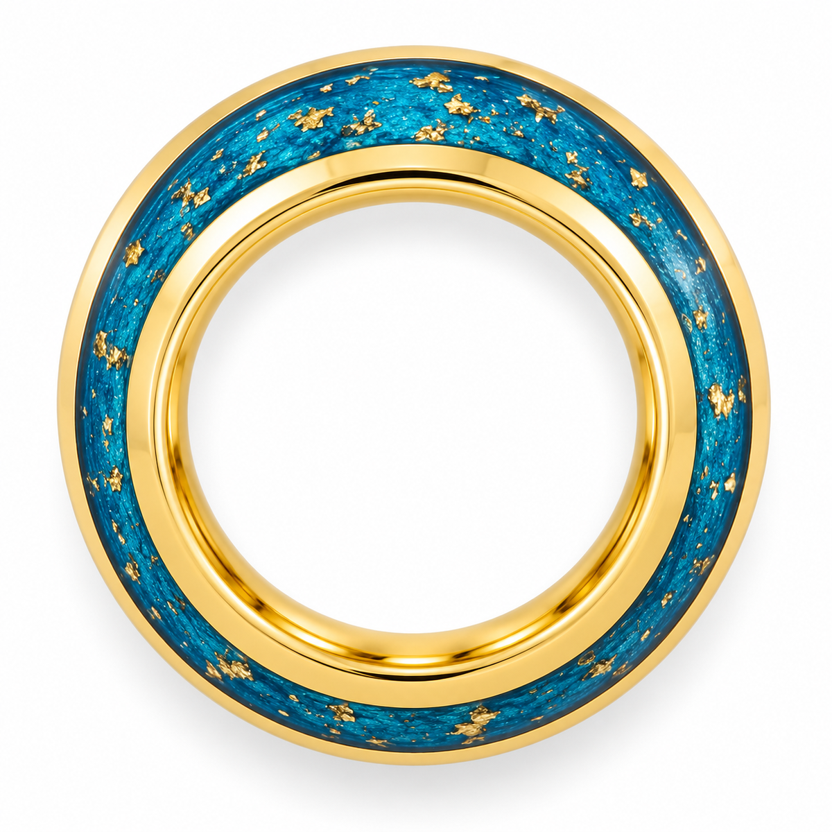 Gold Polished with Blue Turquoise Inlay Tungsten 8mm Wedding Band — topdown studio product view