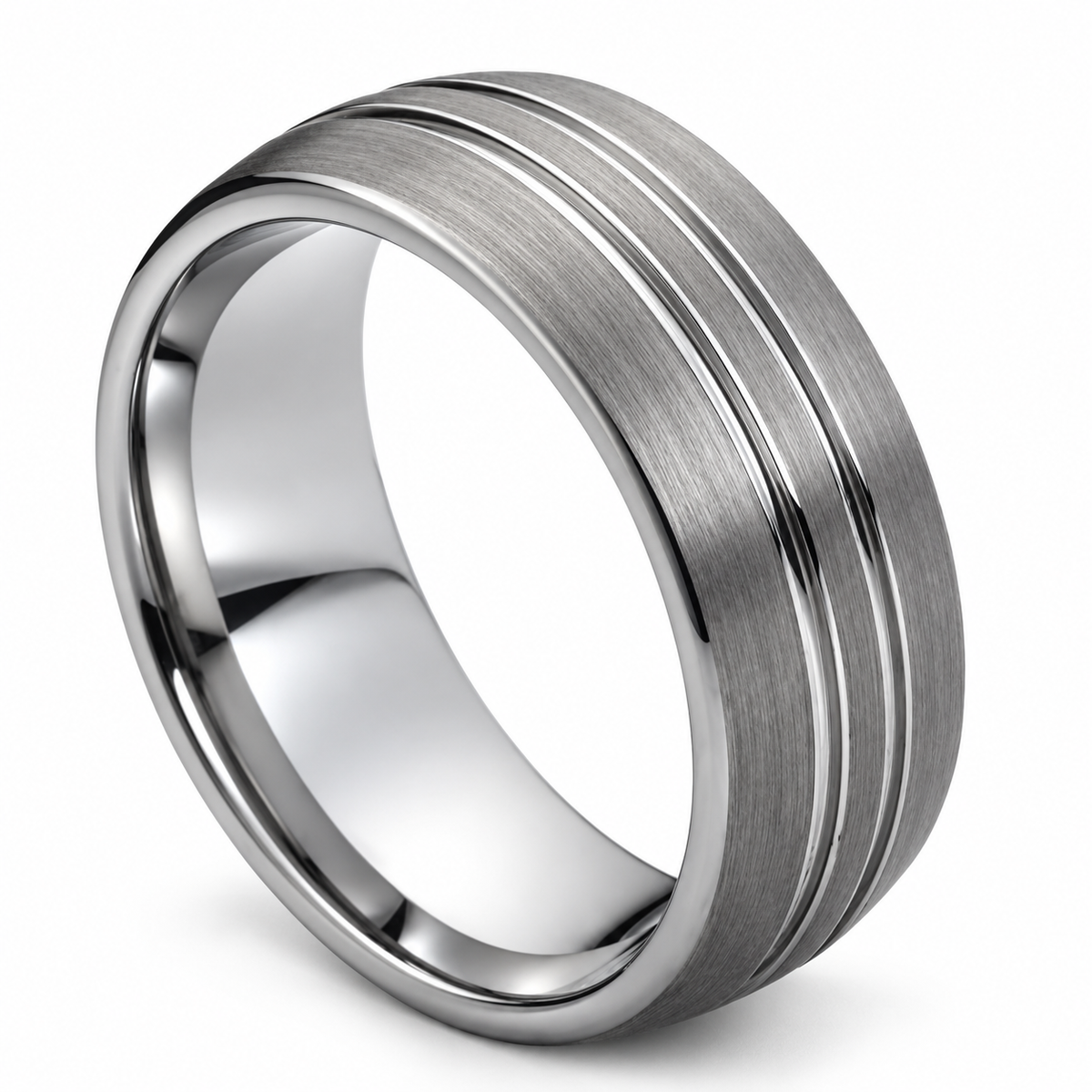 Silver Brushed Finish with Grooves Tungsten 8mm Wedding Band — angled alternate product view