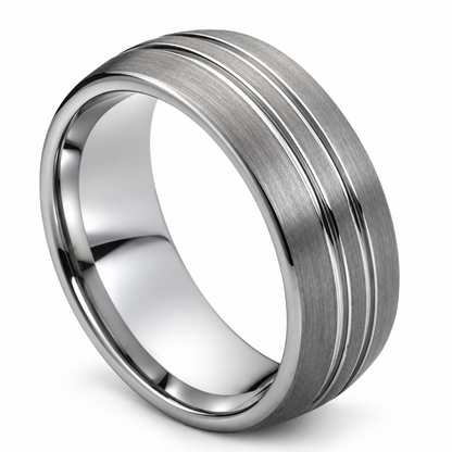 Silver Brushed Finish with Grooves Tungsten 8mm Wedding Band — angled alternate product view
