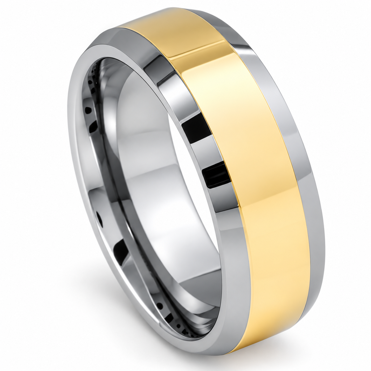 Silver Polished with Gold Center Tungsten 8mm Promise Ring — angled alternate product view