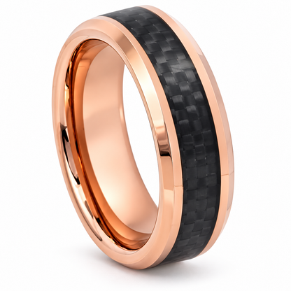Rose Gold Polished with Carbon Fiber Inlay Tungsten 8mm Promise Ring — angled studio product view