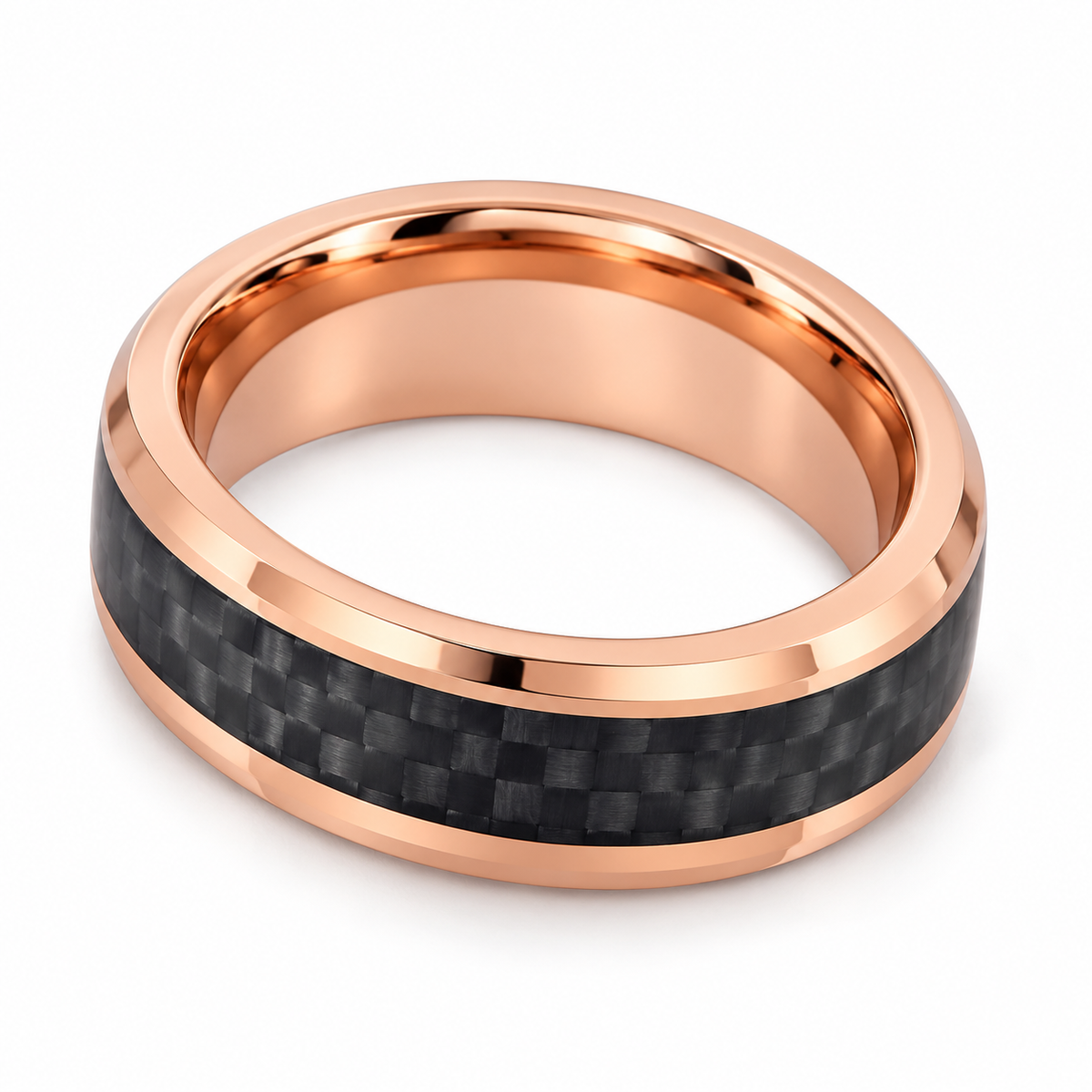 Rose Gold Polished with Carbon Fiber Inlay Tungsten 8mm Promise Ring — topdown studio product view