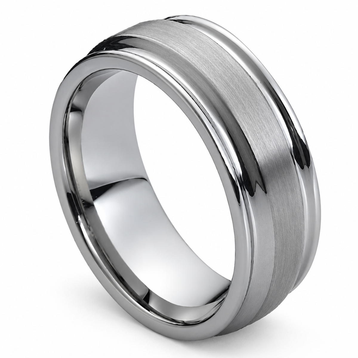 Silver Brushed Center, Polished Edges Tungsten 8mm Wedding Band — angled alternate product view