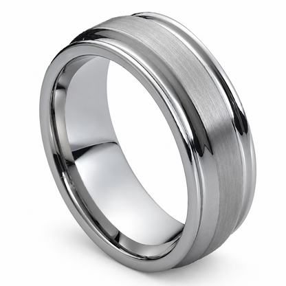 Silver Brushed Center, Polished Edges Tungsten 8mm Wedding Band — angled alternate product view