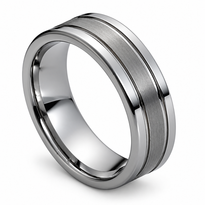 Silver Brushed Finish Tungsten 8mm Wedding Band - Style 3 — angled alternate product view