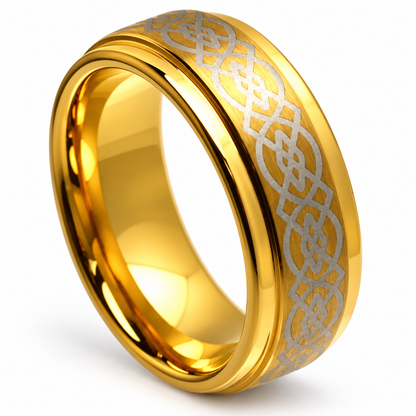 Gold Polished with Etched Pattern Tungsten 8mm Wedding Band — angled studio product view