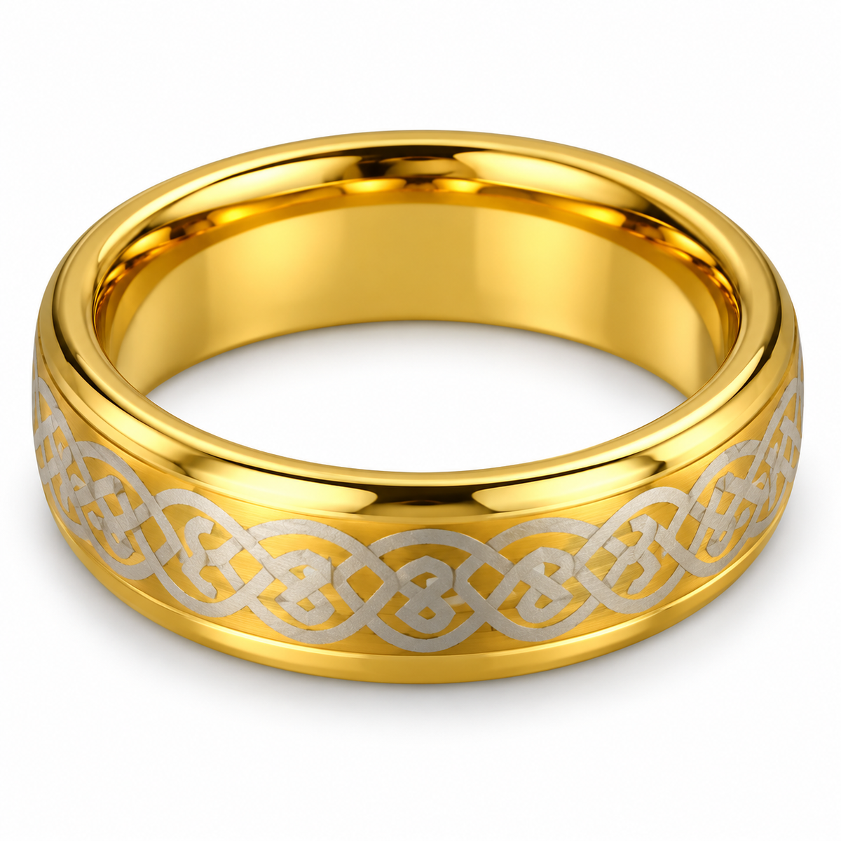 Gold Polished with Etched Pattern Tungsten 8mm Wedding Band — topdown studio product view
