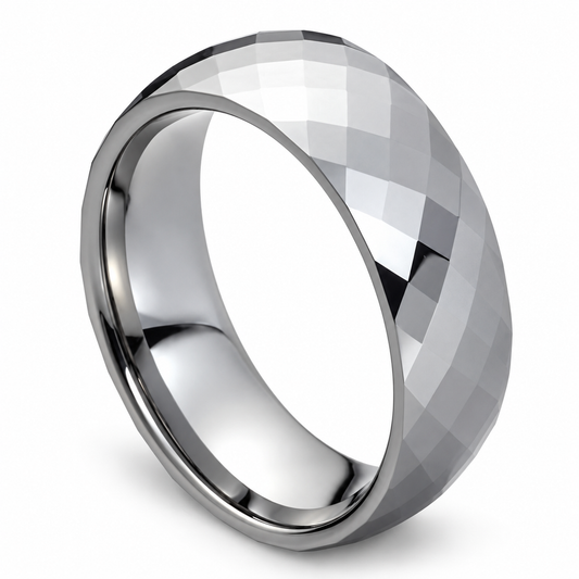 Silver Faceted Polished Finish Tungsten 8mm Wedding Band
