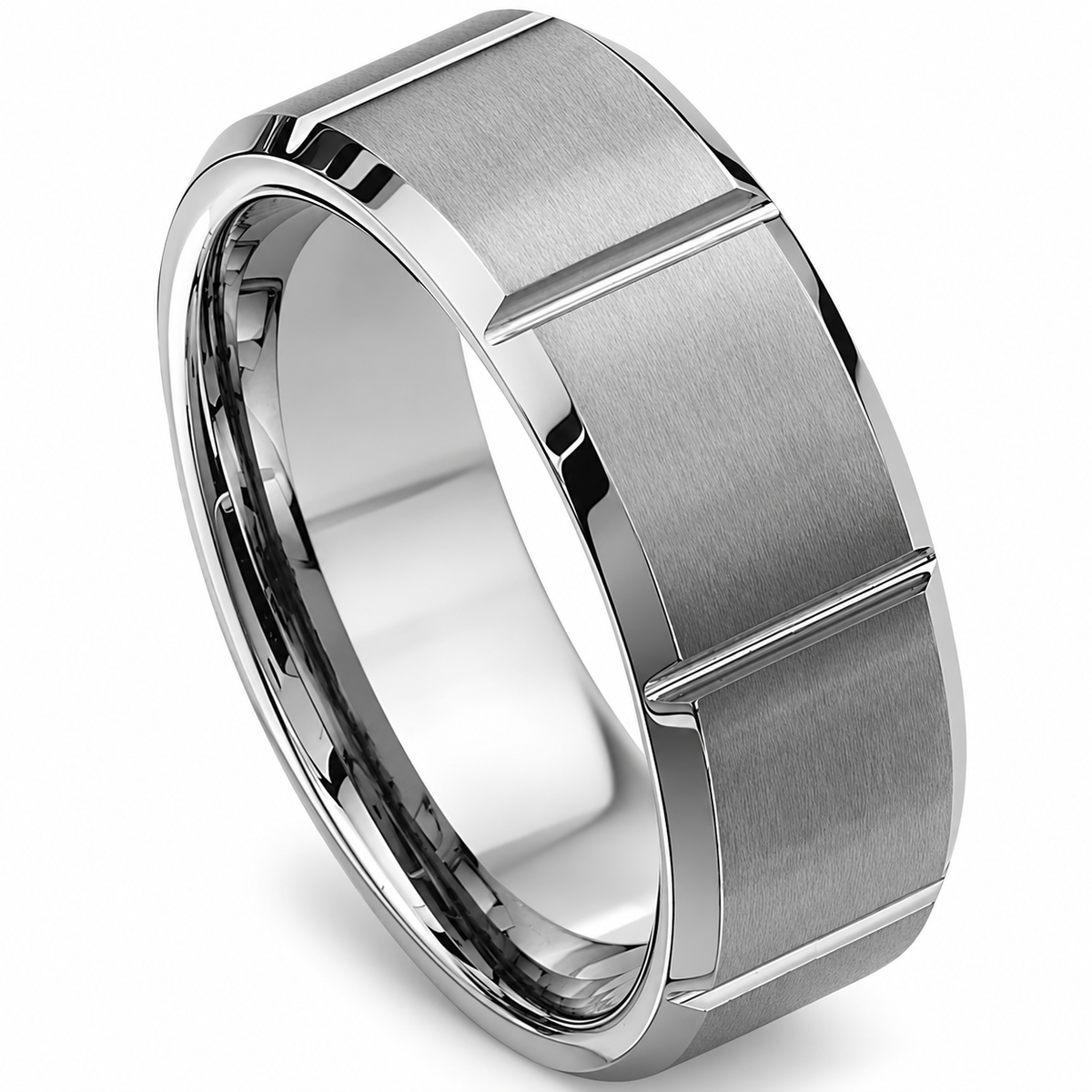 Silver Brushed Finish with Polished Edges Tungsten 9mm Wedding Band — angled alternate product view