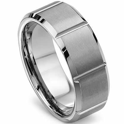 Silver Brushed Finish with Polished Edges Tungsten 9mm Wedding Band — angled alternate product view