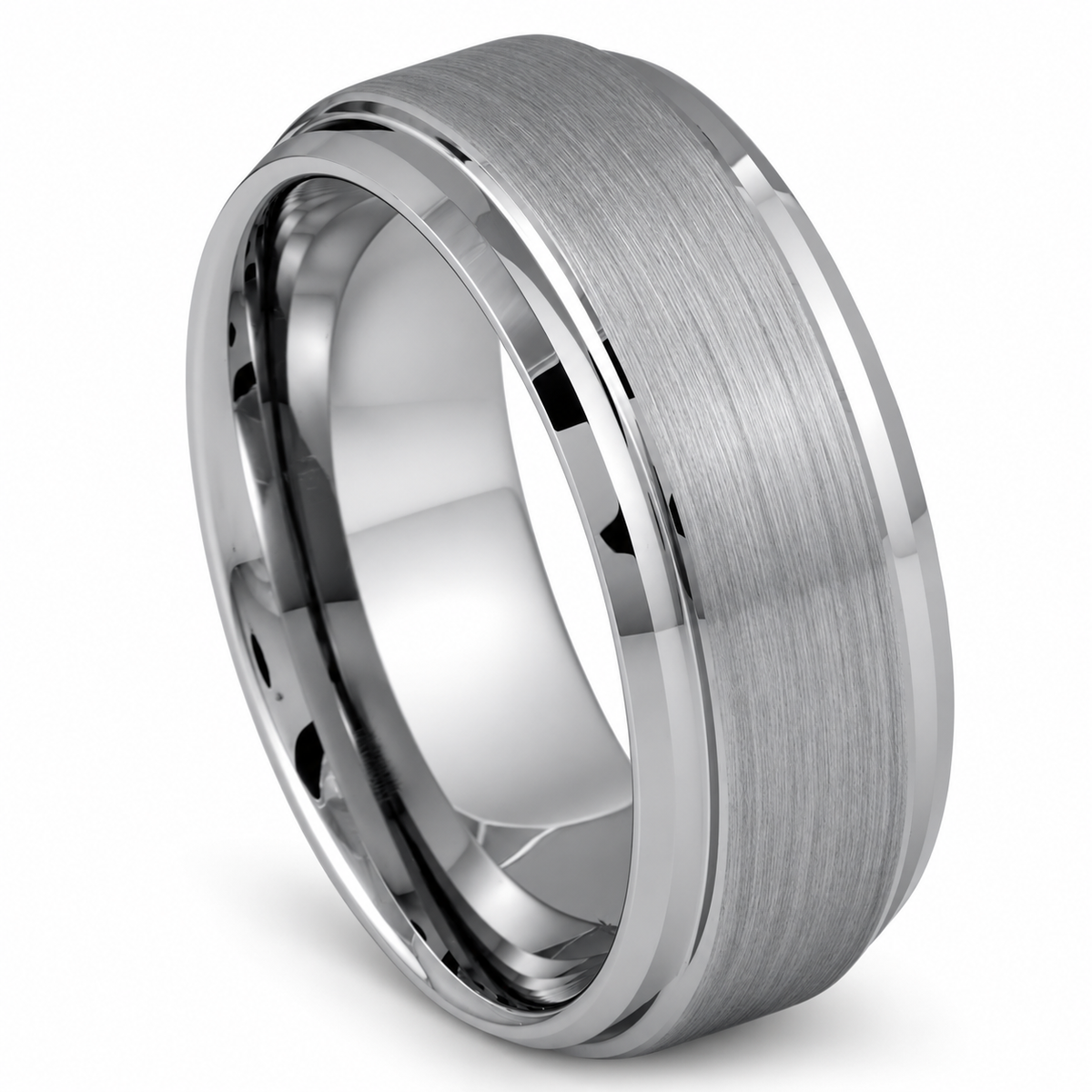 Silver Brushed Center, Polished Edges Tungsten 9mm Wedding Band — angled alternate product view