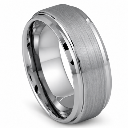 Silver Brushed Center, Polished Edges Tungsten 9mm Wedding Band — angled alternate product view