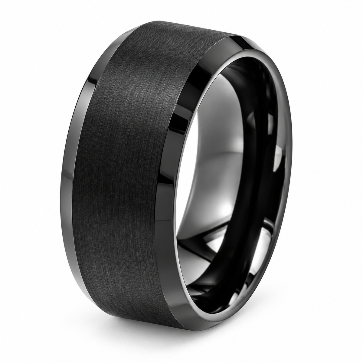 Tungsten Carbide 10mm Beveled Edge Beveled Wedding Band for Men — angled studio product view