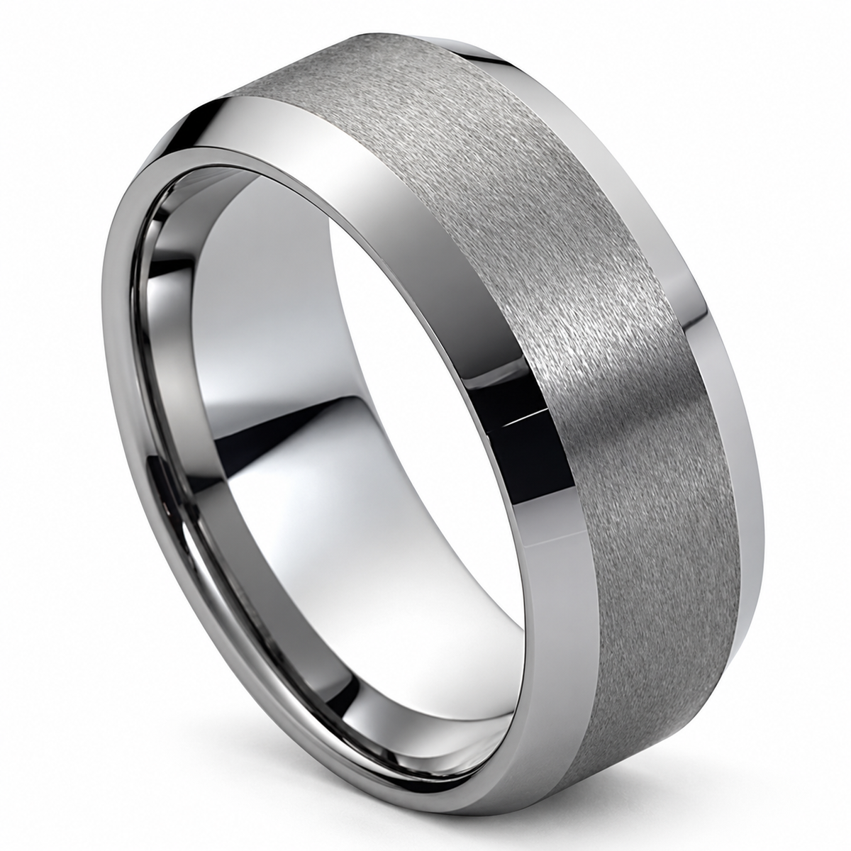 Tungsten Carbide 10mm Beveled Polished-Trim Wedding Band — angled studio product view