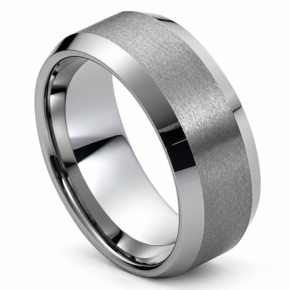 Tungsten Carbide 10mm Beveled Polished-Trim Wedding Band — angled studio product view