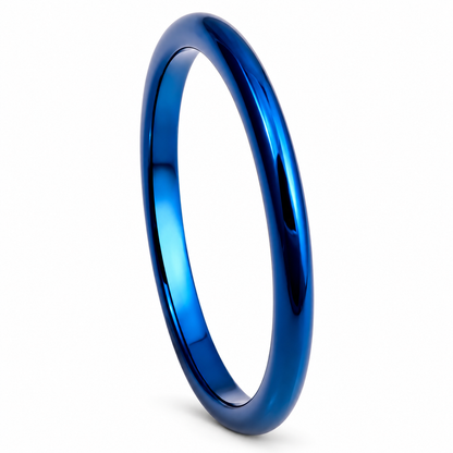 Blue Polished Finish Tungsten 2mm Wedding Band — angled studio product view