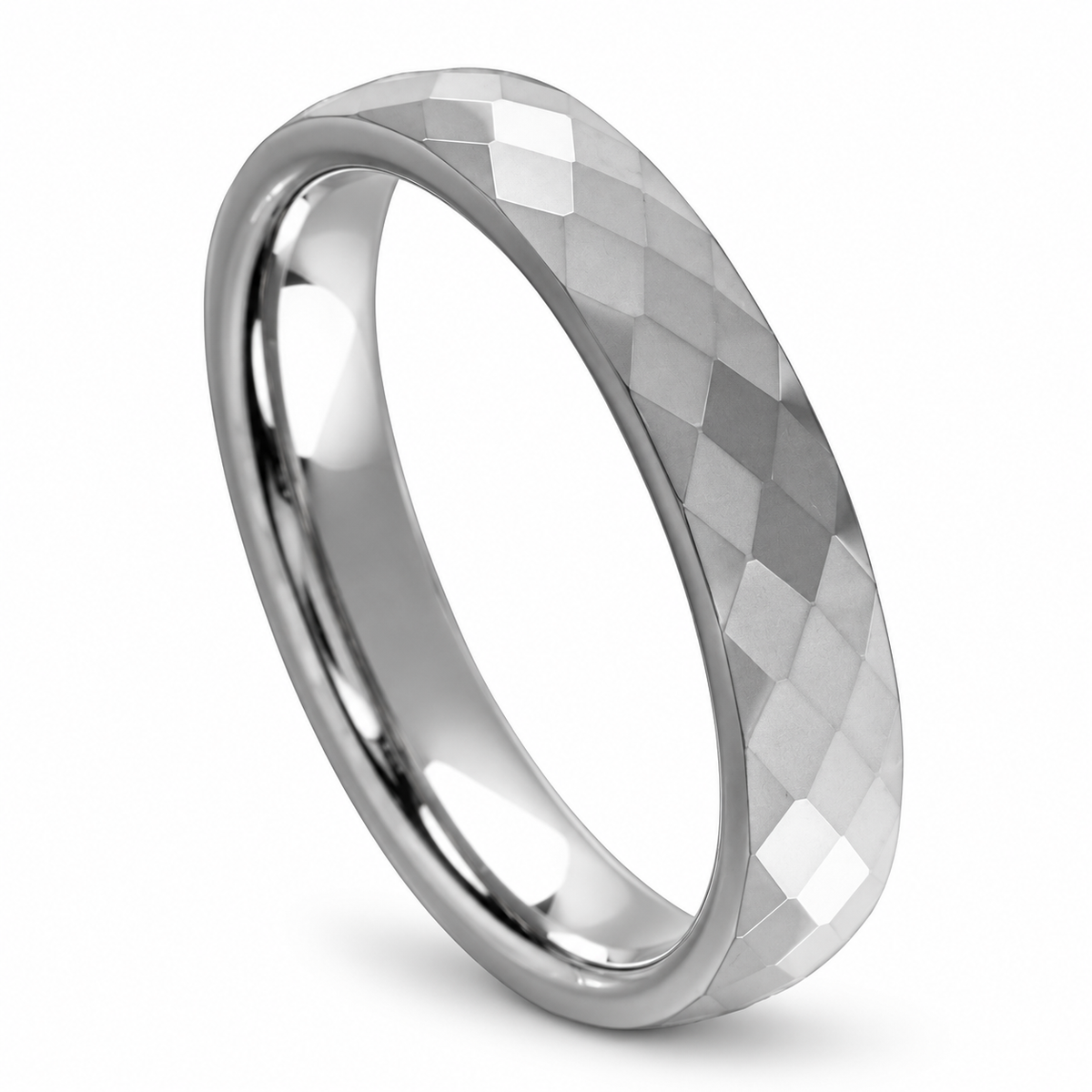 Silver Faceted Polished Finish Tungsten 4mm Wedding Band — angled studio product view