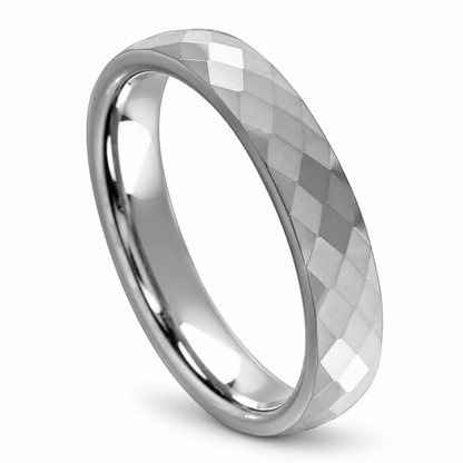 Silver Faceted Polished Finish Tungsten 4mm Wedding Band — angled studio product view