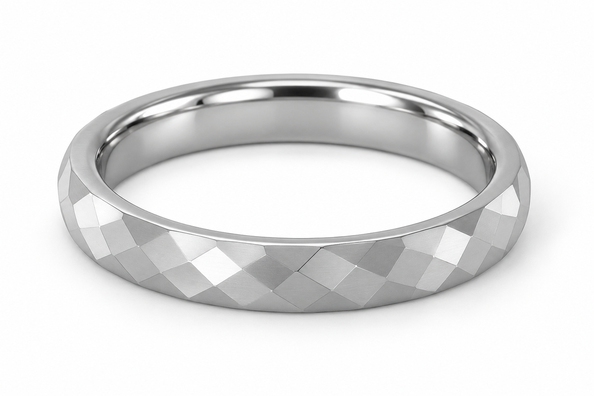 Silver Faceted Polished Finish Tungsten 4mm Wedding Band — topdown studio product view