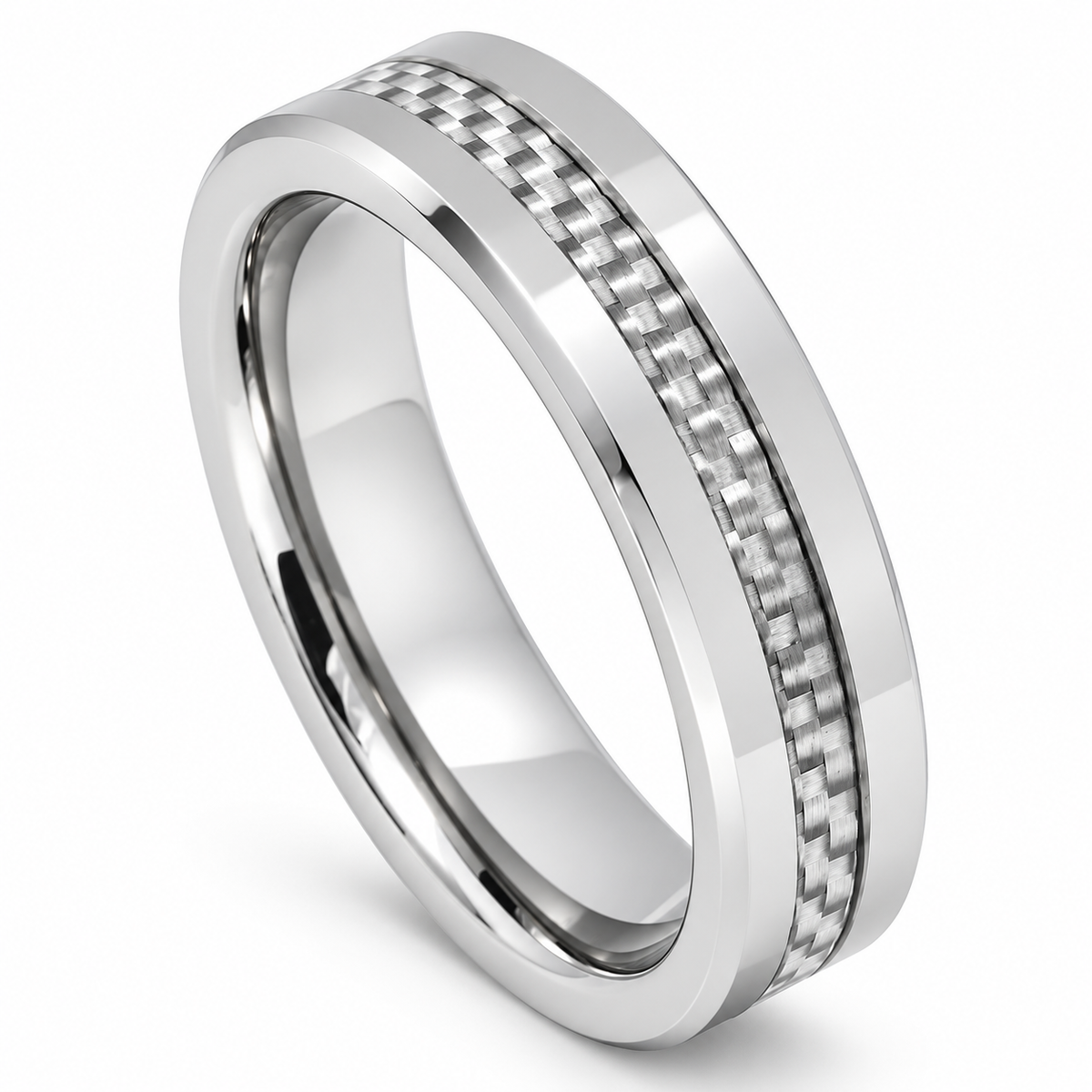 Polished Silver with Carbon Fiber Inlay Tungsten 6mm Wedding Band — angled studio product view