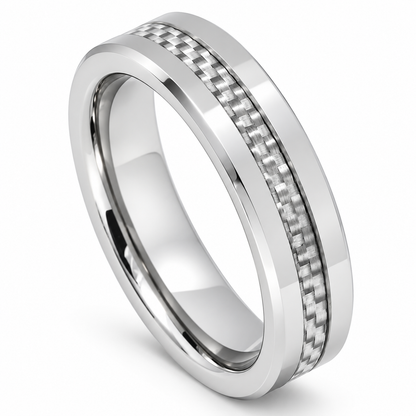 Polished Silver with Carbon Fiber Inlay Tungsten 6mm Wedding Band — angled studio product view