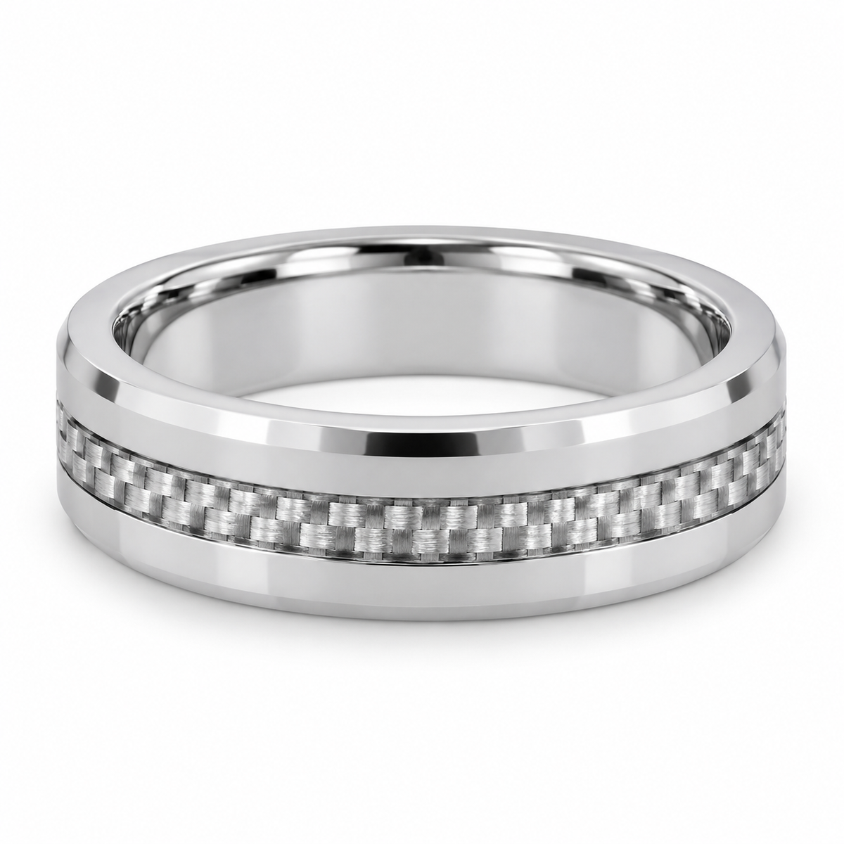 Polished Silver with Carbon Fiber Inlay Tungsten 6mm Wedding Band — topdown studio product view