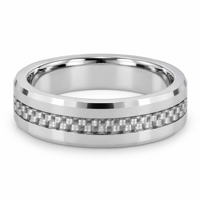 Polished Silver with Carbon Fiber Inlay Tungsten 6mm Wedding Band — topdown studio product view