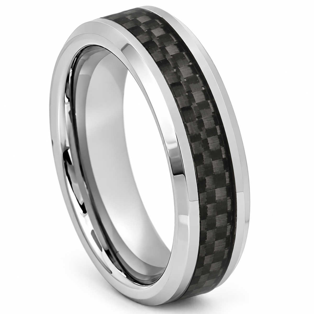 Polished Silver with Carbon Fiber Inlay Tungsten 6mm Wedding Band - Style 2 — angled studio product view