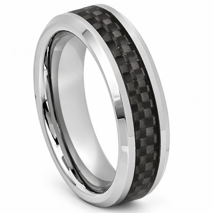 Polished Silver with Carbon Fiber Inlay Tungsten 6mm Wedding Band - Style 2 — angled studio product view