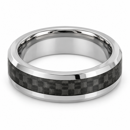 Polished Silver with Carbon Fiber Inlay Tungsten 6mm Wedding Band - Style 2 — topdown studio product view