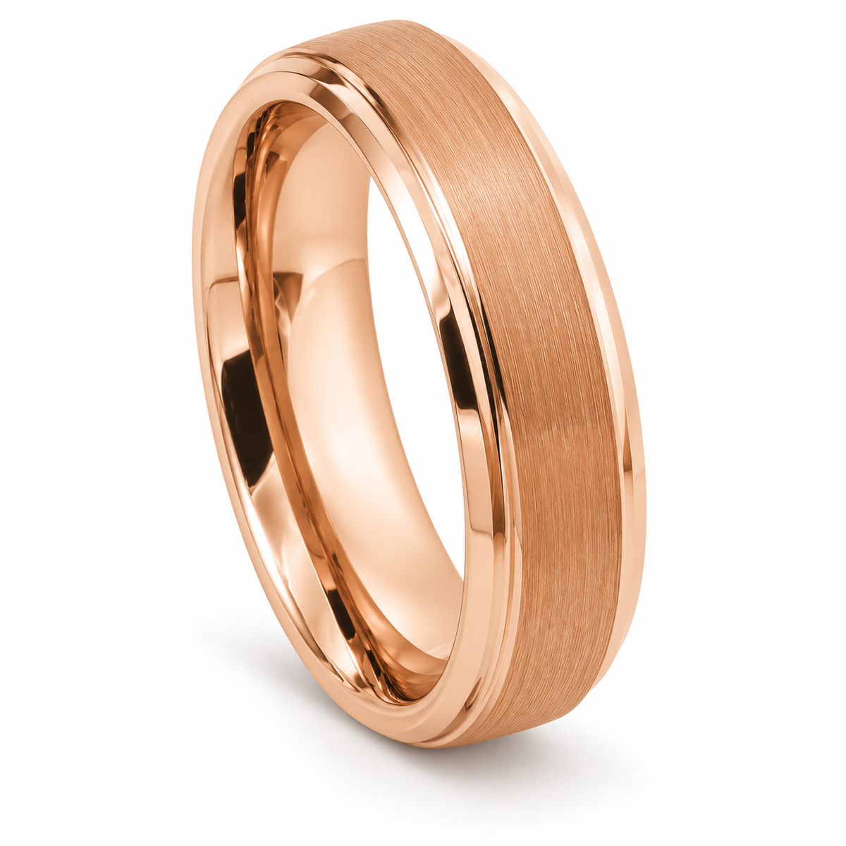 Rose Gold Brushed Finish Tungsten 6mm Wedding Band - Style 2 — angled studio product view