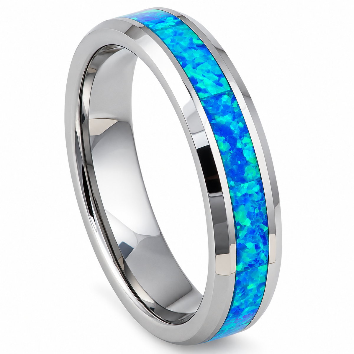 Silver Polished with Blue Opal Inlay Tungsten 6mm Wedding Band — angled alternate product view