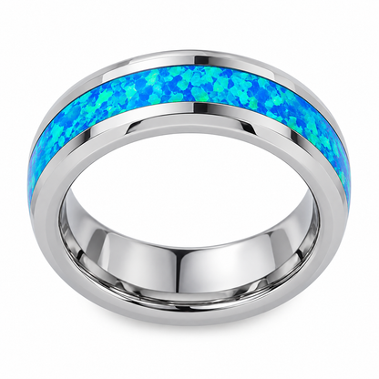 Silver Polished with Blue Opal Inlay Tungsten 6mm Wedding Band — topdown alternate product view