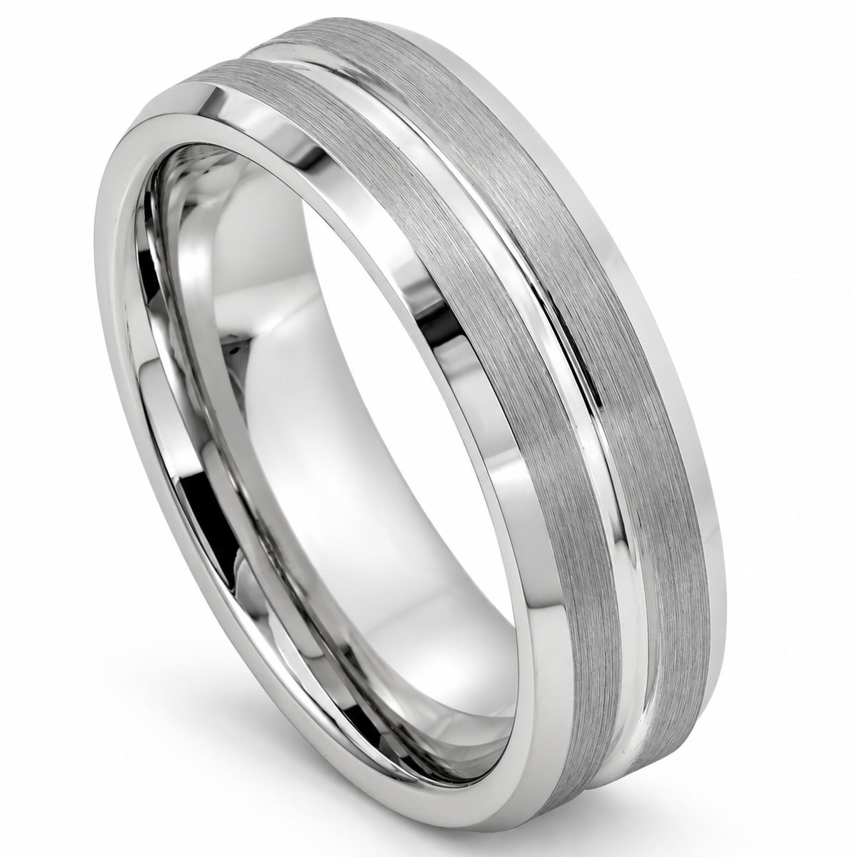 Silver Brushed Center with Polished Edges Tungsten 7mm Wedding Band — angled alternate product view