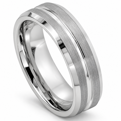 Silver Brushed Center with Polished Edges Tungsten 7mm Wedding Band — angled alternate product view