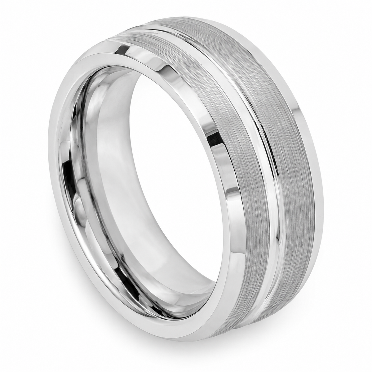 Silver Brushed Center with Polished Edges Tungsten 7mm Wedding Band — topdown alternate product view