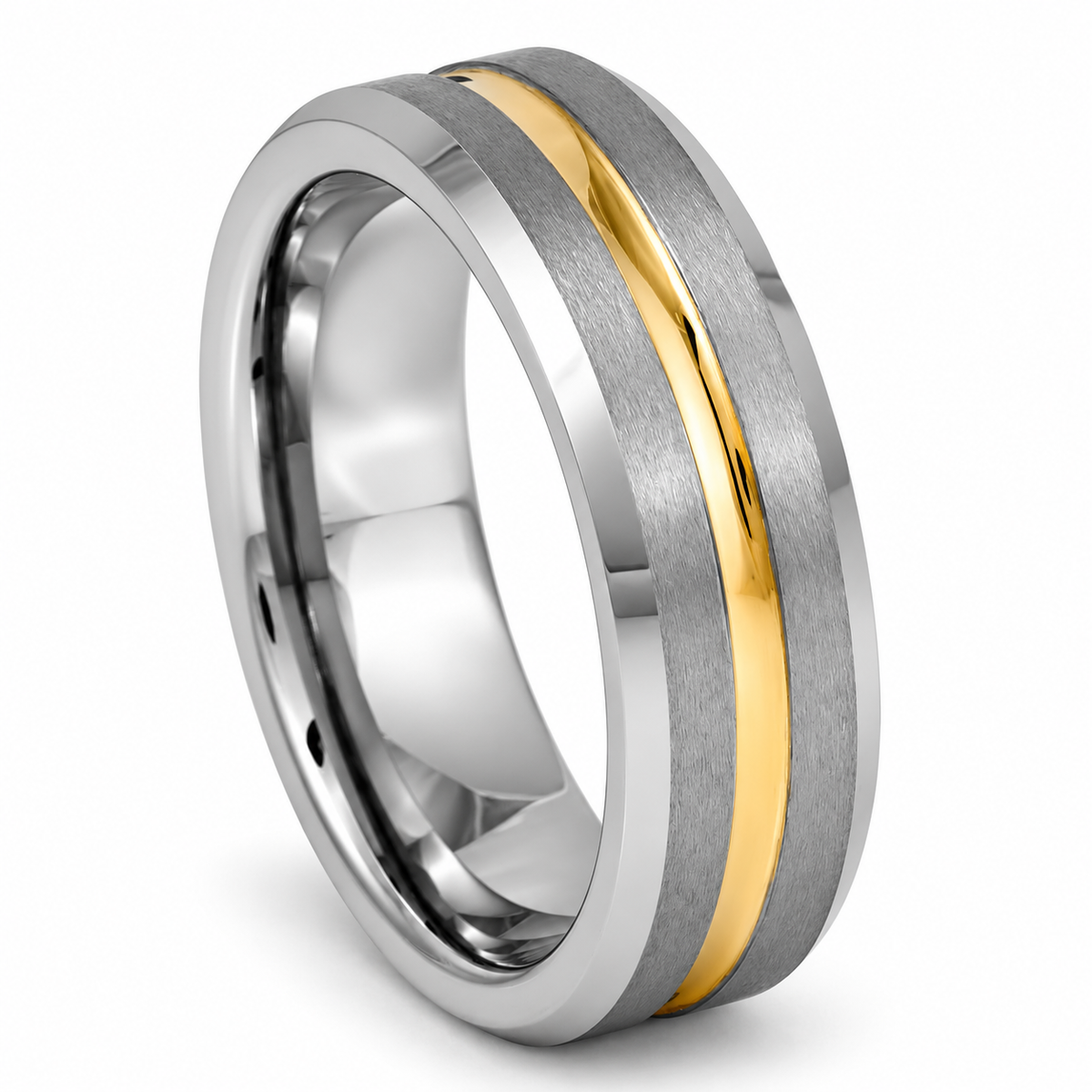 Silver Brushed with Gold Inlay Tungsten 7mm Wedding Band — angled alternate product view