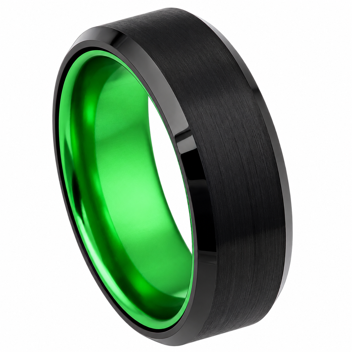 Black Brushed Finish with Green Interior Tungsten 8mm Wedding Band — angled alternate product view