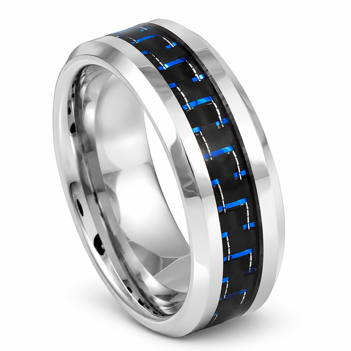 Polished Silver with Blue Carbon Fiber Inlay Tungsten 8mm Wedding Band — angled alternate product view