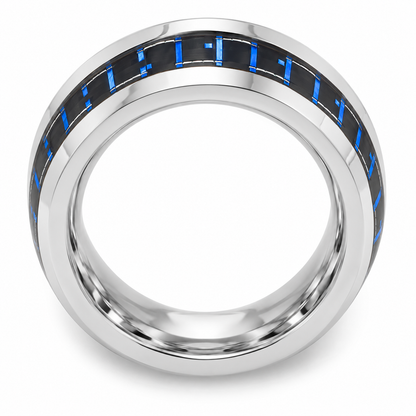 Polished Silver with Blue Carbon Fiber Inlay Tungsten 8mm Wedding Band — topdown alternate product view