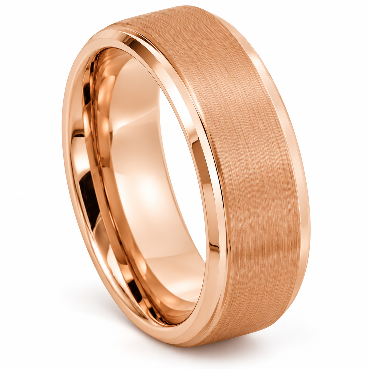 Rose Gold Brushed Finish Tungsten 8mm Wedding Band — angled studio product view