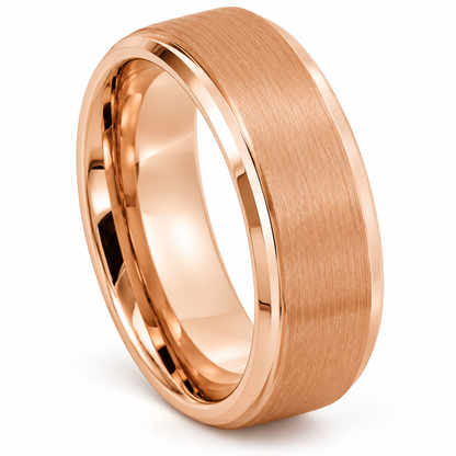 Rose Gold Brushed Finish Tungsten 8mm Wedding Band — angled studio product view