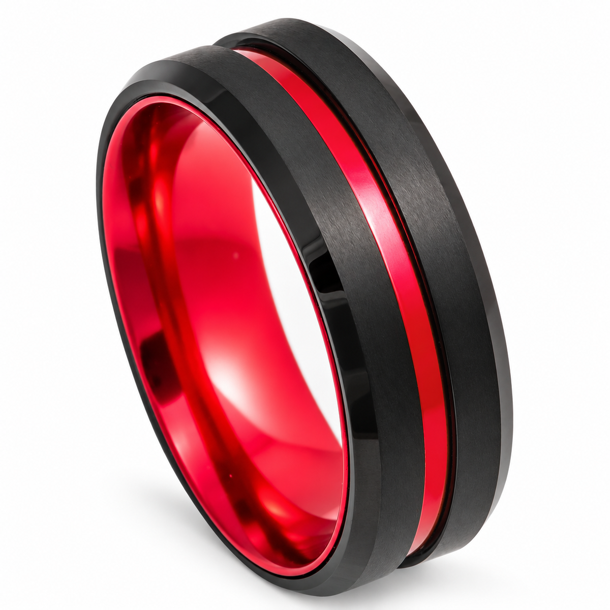 Black Matte with Red Inlay Tungsten 8mm Wedding Band — angled studio product view