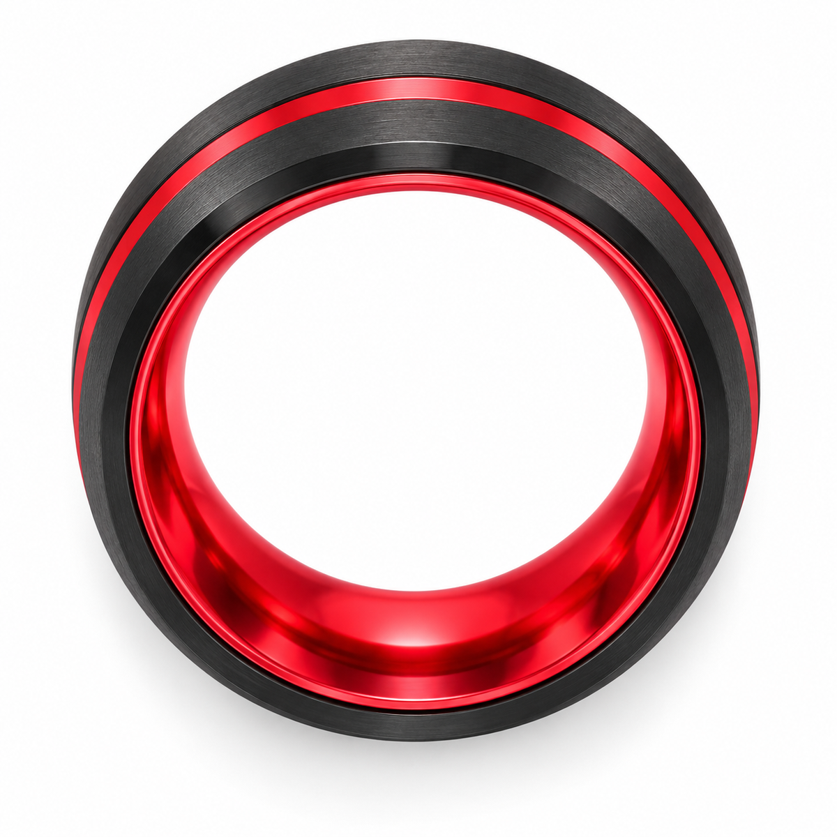 Black Matte with Red Inlay Tungsten 8mm Wedding Band — topdown studio product view
