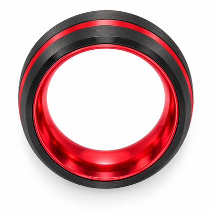 Black Matte with Red Inlay Tungsten 8mm Wedding Band — topdown studio product view