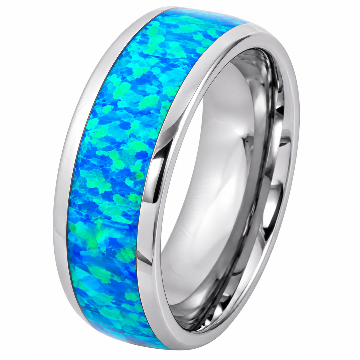 Silver Polished with Blue Opal Inlay Tungsten 8mm Wedding Band — angled alternate product view