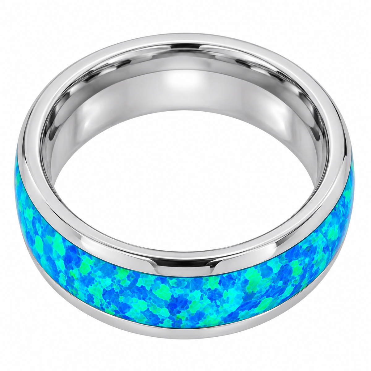 Silver Polished with Blue Opal Inlay Tungsten 8mm Wedding Band — topdown alternate product view