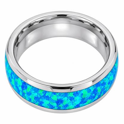 Silver Polished with Blue Opal Inlay Tungsten 8mm Wedding Band — topdown alternate product view