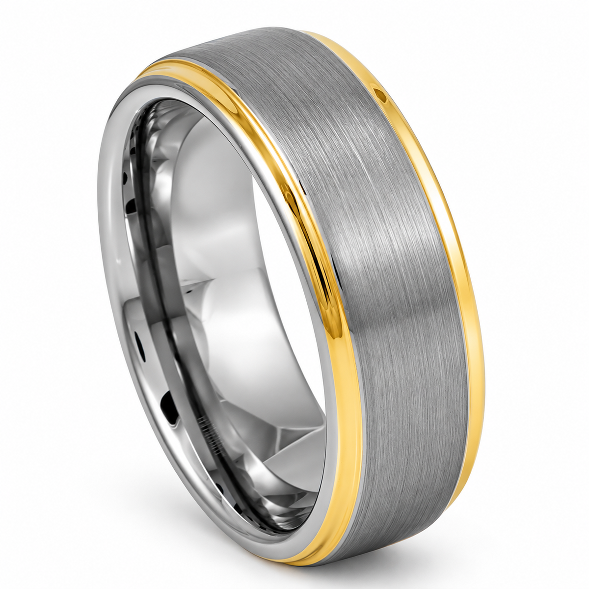 Silver Brushed Finish with Gold Edges Tungsten 8mm Wedding Band — angled alternate product view